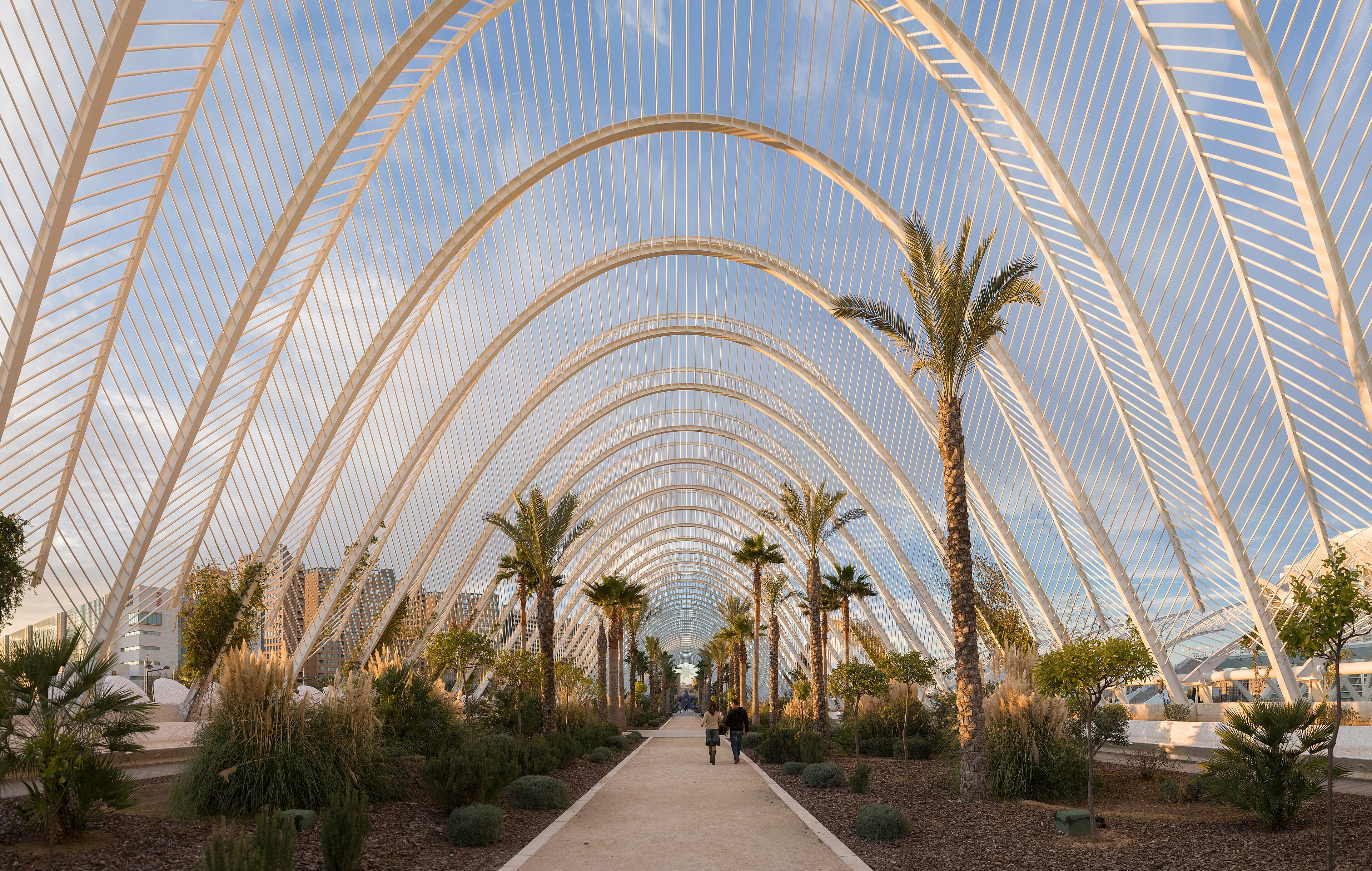 An ultrawide angle panoramic view along the inside of L'Umbracle , designed by renowned Spanish architect Santiago Calatrava , in the City of Arts and Sciences in Valencia, Spain.